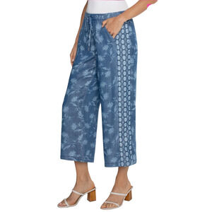 Liverpool Pull On Wide Leg Cropped Trouser Pants Indigo Blue Floral Chambray XS